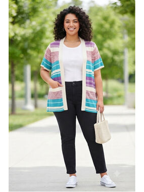 Lane Bryant short sleeve open wrap cardigan white blue purple size 10 12 NEW